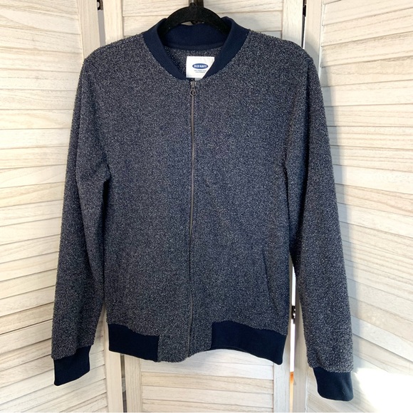 Old Navy Men’s Gray and Blue Textured Minimalist Zip Up Bomber Jacket Like New - Picture 1 of 8